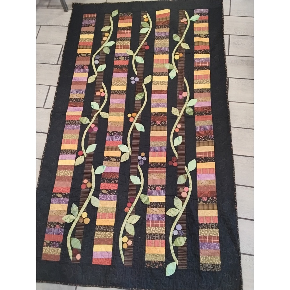 Handmade Artisan Floral Vine Quilt Black Multi Color Applique 82x48 2017 Signed